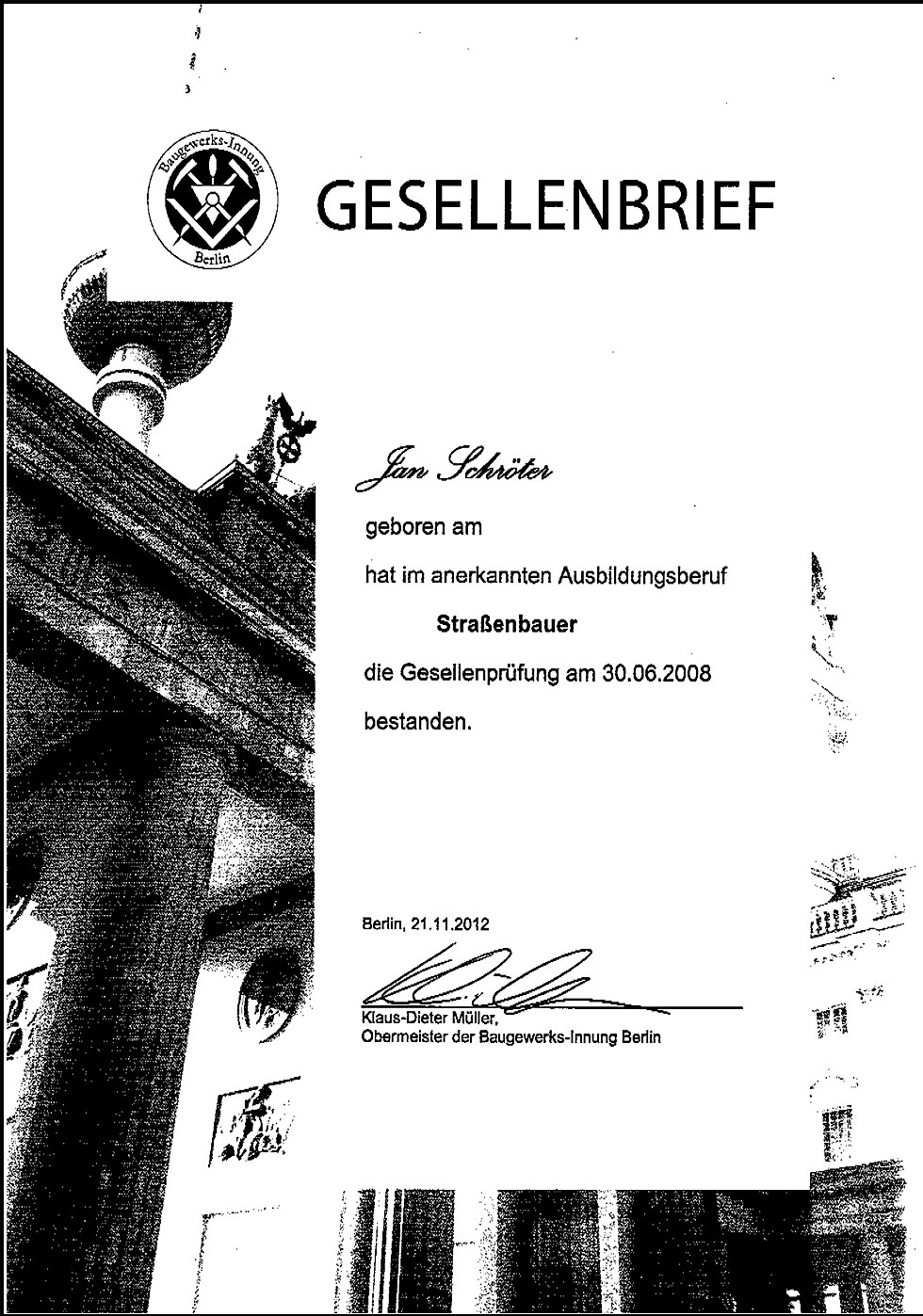 Gesellenbrief von Jan Schröter im Straßenbauer-Handwerk, Baugewerks-Innung Berlin